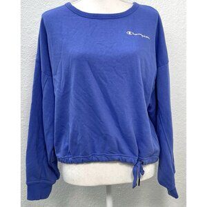 CHAMPION Womens MEDIUM Indigo Cropped Cinch Waist L/S Pullover SWEATSHIRT EUC